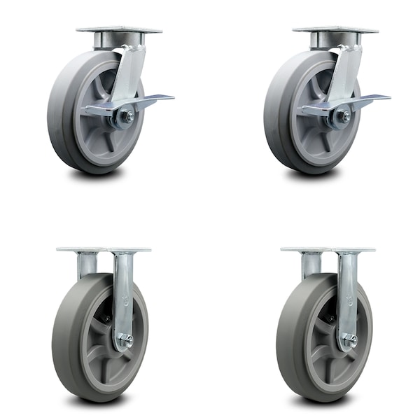 8 Inch Kingpinless Thermoplastic Rubber Wheel Caster Brakes 2 Rigid SCC, 2PK